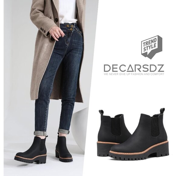 Womens Black Faux Leather Low Wedge Heel Slip On Chunky Platform Ankle Boots - Picture 2 of 8